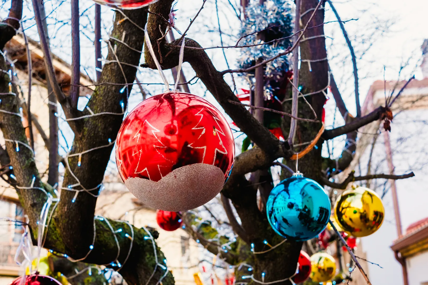 Bolas coloridas penduradas numa decoração natalícia