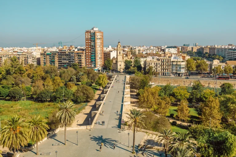 Vista panorâmica de Valência com centro histórico e zonas verdes para uma ponte curta