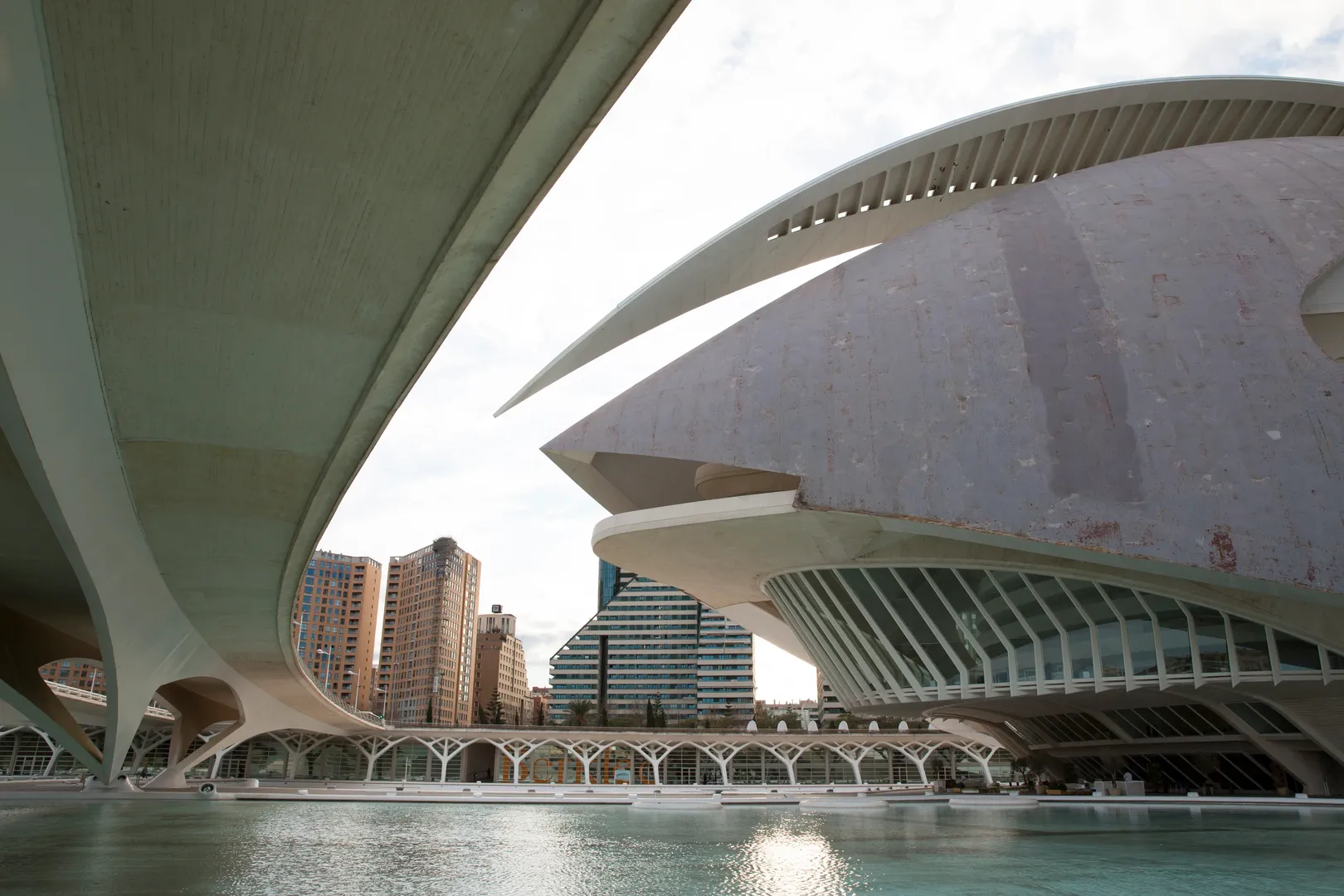 Arquitetura da Cidade das Artes e Ciências de Valencia com reflexos na água
