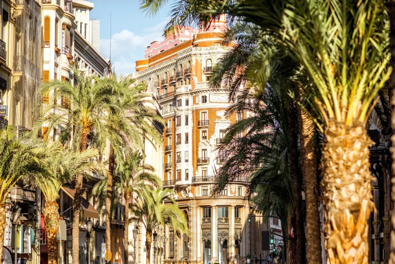 Rua central de Valencia com palmeiras, edificios historicos e ambiente urbano