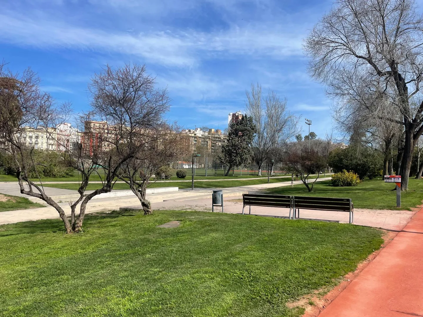 Caminho de jardim com bancos e árvores